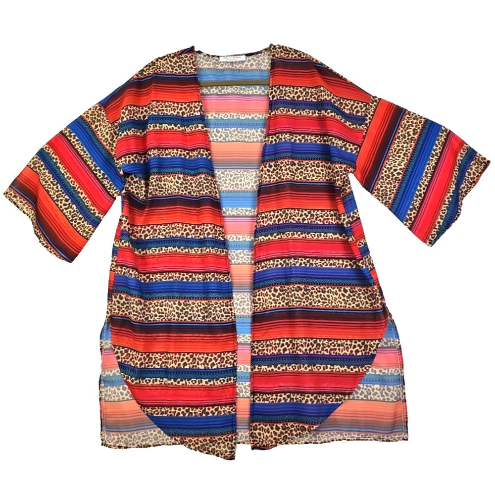 Giddy Up Glamor ~Size M/L~ Red/Blue Kimono Multicolor Print Open Front Boho Top.
